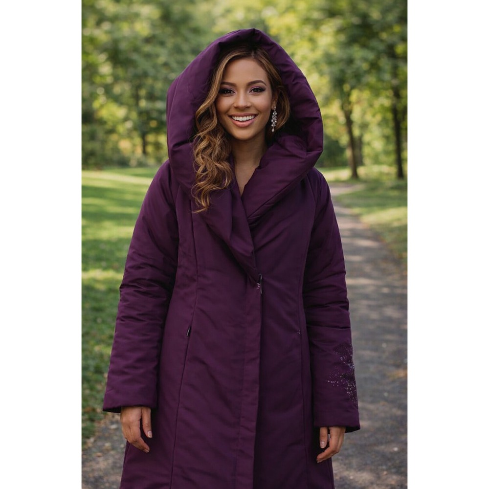 RARE House of Dereon Purple Down Coat Shawl Neck Rhinestone Embellished Women M*